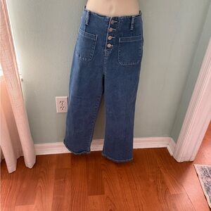 Medium Blue Wide Leg, High Waist Crop Jeans